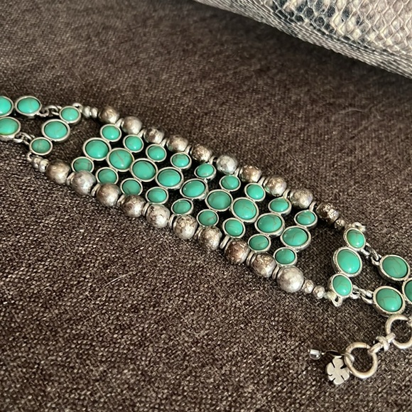 LUCKY BRAND FAUX TURQUOISE BEADED SILVER WIDE BRACELET - Picture 1 of 9